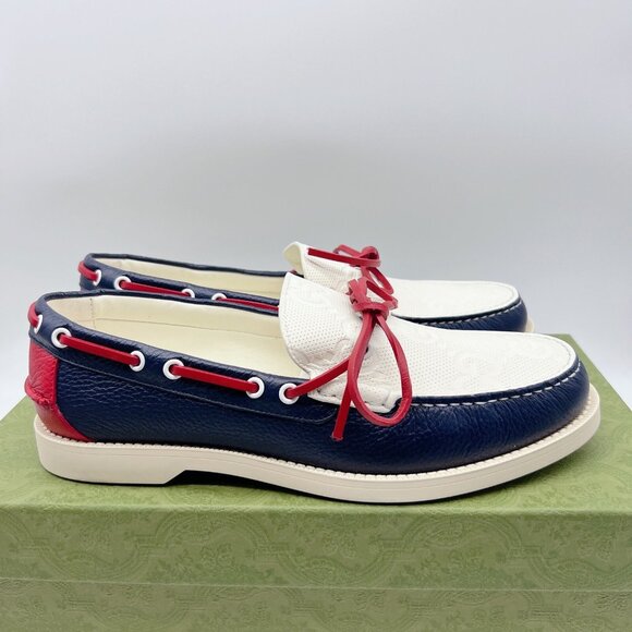 Gucci Riverside Leather Boat Shoe Loafer Moccasin Blue Mens UK 8.5 US 9 $890 - Picture 5 of 12